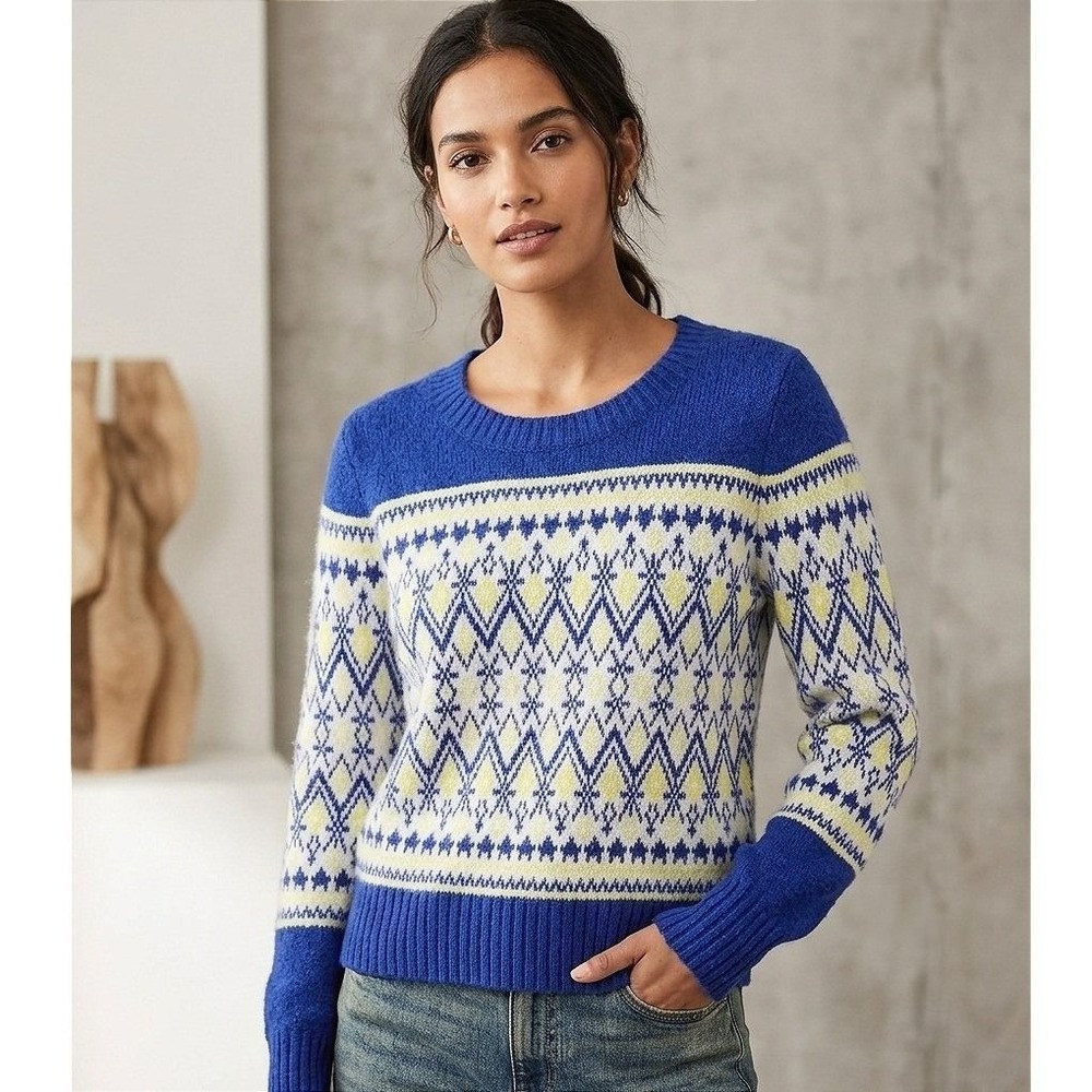LOFT Fair Isle Sweater‎ Geometric Boho Fairycore Winter Knit Top Blue XS